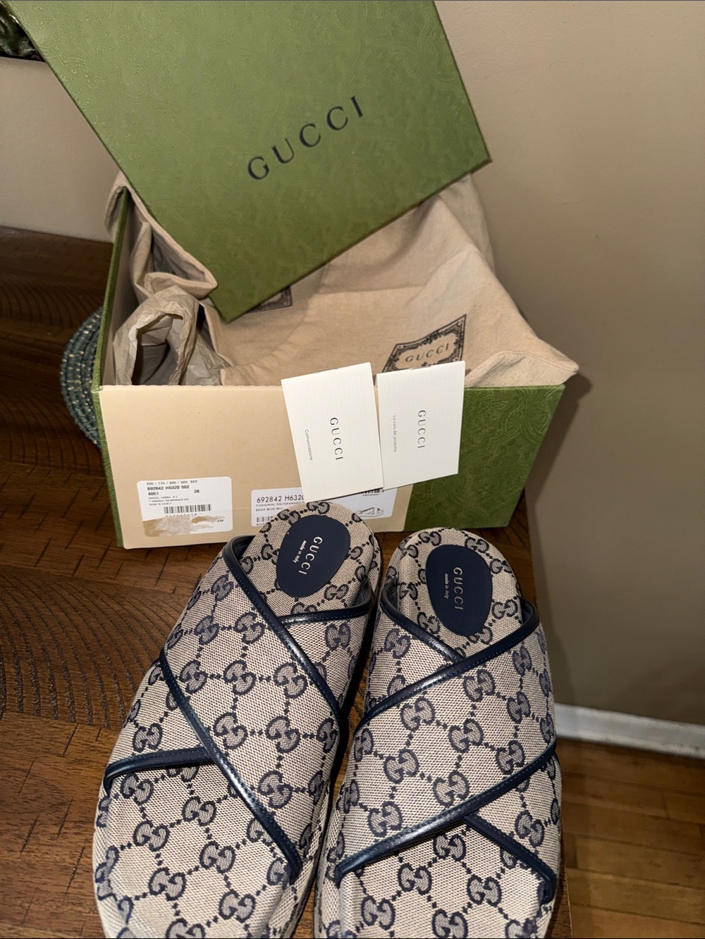 Gucci Monogram Slip-On Canvas Mules in Beige & Navy s